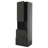 Moble de cuina negre modern d'ikea amb disseny elegant, armari alt, dos calaixos i prestatge obert.