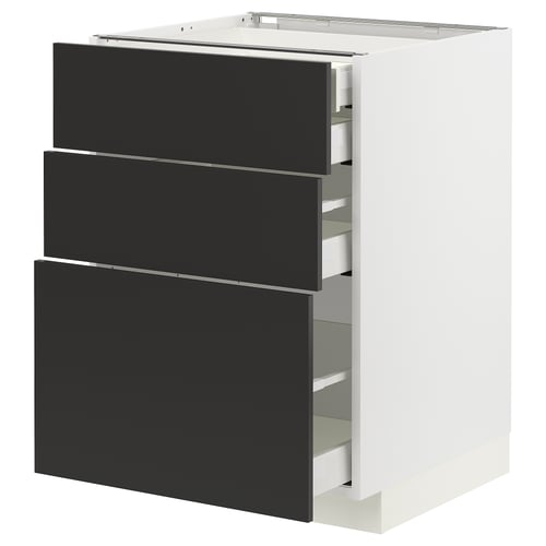 Armari de cuina modern, blanc amb calaixos negres, disseny elegant, tres calaixos.