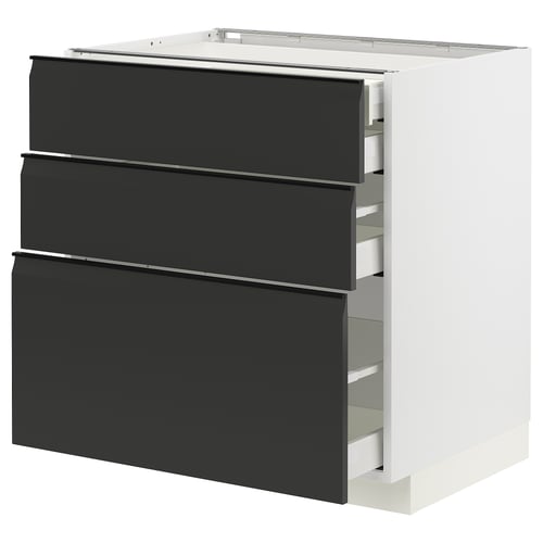 Armari de cuina modern, blanc amb calaixos negres. Tres calaixos, disseny elegant, robust i de tancament automàtic.