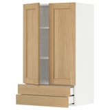 Armari de fusta: roure clar, dues portes, tres calaixos, forma rectangular vertical, disseny minimalista modern.