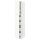 Un armari de cuina ikea METOD blanc amb textura de gra de fusta i múltiples prestatges a l'interior.