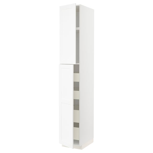 Un armari de cuina METOD blanc amb una textura de veta de fusta suau. Té una forma alta i rectangular amb múltiples prestatges a l'interior.