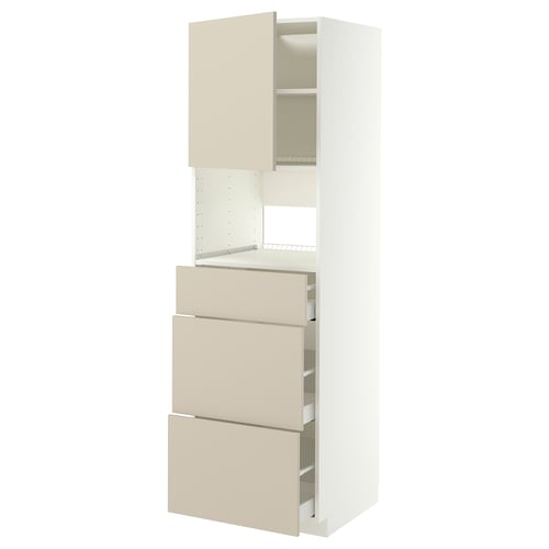 Armari de cuina modern blanc amb calaixos i prestatgeries beix, combinant portes i prestatgeries ajustables/fixes.