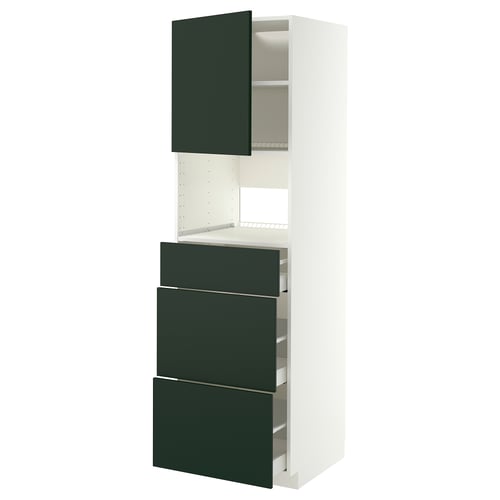 Un armari de cuina METOD blanc amb calaixos i porta verd fosc. Té un disseny modern i elegant amb tres calaixos i una prestatgeria alta.