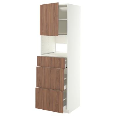 Unitat de cuina IKEA METOD , color noguera, marc blanc. Armari alt amb tres calaixos oberts i un compartiment superior. Disseny modern i minimalista.