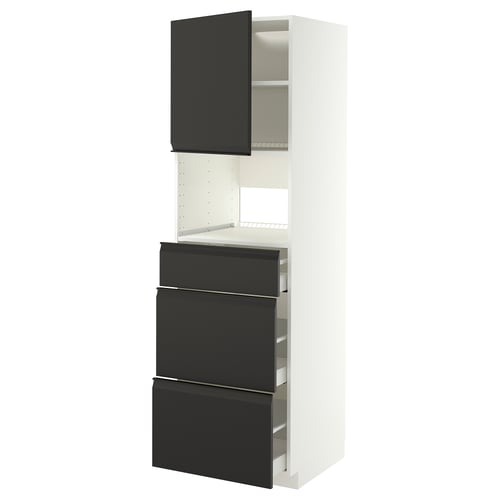 Unitat de cuina modular, blanca amb calaixos i armaris negres, disseny modern i elegant.