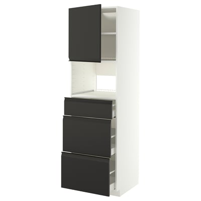 Unitat de cuina modular, blanca amb calaixos i armaris negres, disseny modern i elegant.