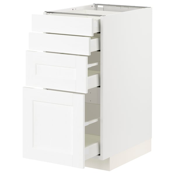 Un armari de cuina METOD blanc amb diversos calaixos. És un disseny elegant i modern amb línies netes i superfícies llises.