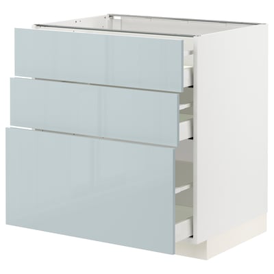 Moble de cuina modern: METOD, gris-blau, frontals brillants, tres calaixos, disseny elegant.