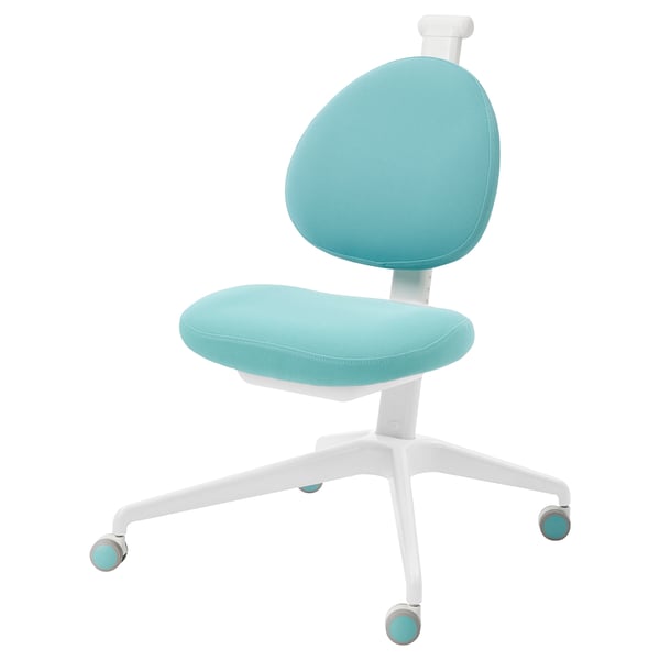Cadira d'oficina infantil blau aigua, ajustable, seient de malla, base blanca.