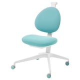 Cadira d'oficina infantil blau aigua, ajustable, seient de malla, base blanca.