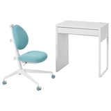 Conjunt office blanc i aqua: escriptori i cadira MICKE. L'escriptori té un calaix, la cadira gira i ajusta l'alçada.