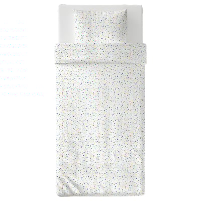 Roba de llit MÖJLIGHET: blanca amb quadrats multicolors, cotó. Coixí rectangular i llençol ajustable.