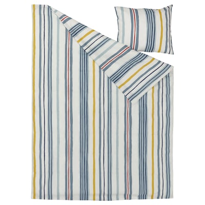 Funda nòrdica de ratlles NATTSLÄNDA, blau, groc, vermell. Cotó suau, rectangular, estampat de ratlles.
