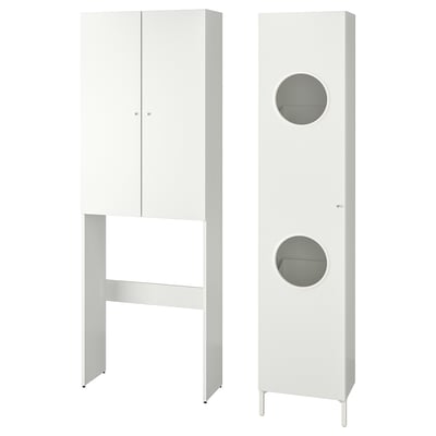 Conjunt d'armaris de bugaderia alts blancs, disseny modern, amb portes i finestres rodones en una, prestatge inferior obert en l'altre, ideal per a espais reduïts.