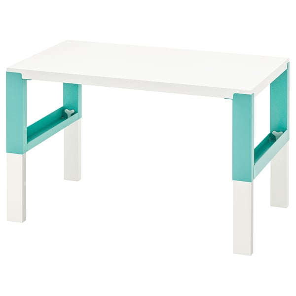 Un escriptori ajustable PÅHL, blanc amb detalls turquesa, modern i funcional per a espais infantils.