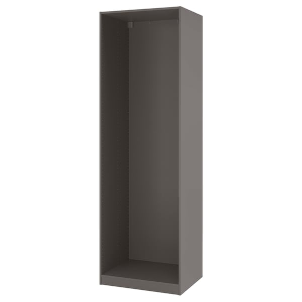 Marc d'armari ikea PAX gris, alt, cantonades arrodonides, peus ajustables, muntatge a la paret.