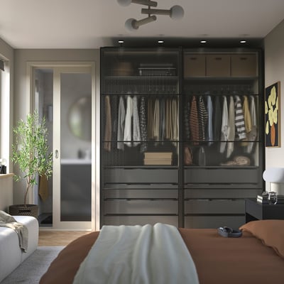 PAX / LUNDBRÄSMA Armari amb portes corredisses, beix grisenc negre/vidre de quadres gris fosc, 200x66x236 cm