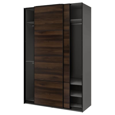 PAX / MEHAMN Armari amb portes corredisses, gris fosc negre/de dues cares efecte roure marró fosc, 150x66x236 cm
