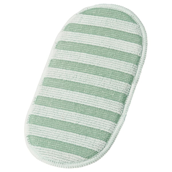 Coixinet de microfibra de ratlles verdes i blanques per a la neteja. Forma ovalada amb superfície texturitzada.