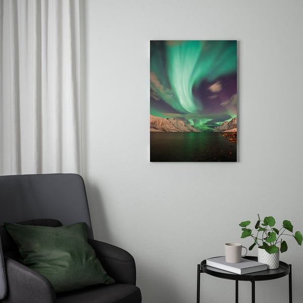 Sala d'estar moderna amb estampat d'aurora PJÄTTERYD, cadira verda, tauleta auxiliar, planta, llibre i tassa.