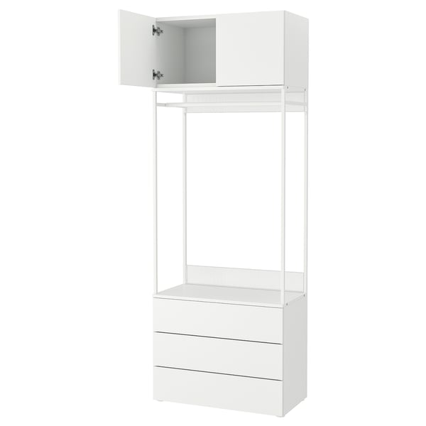 Armari blanc PLATSA: 3 calaixos, 1 prestatgeria, 1 armari obert, disseny minimalista.