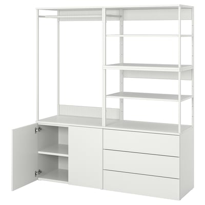 Moble d'emmagatzematge modular PLATSA blanc prestatgeries i armaris oberts amb peus regulables, construcció d'acer i tauler de partícules.