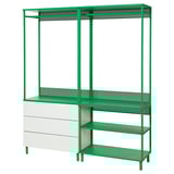 Prestatgeries d'emmagatzematge ikea PLATSA verdes amb calaixos blancs.