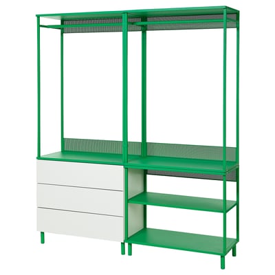 Prestatgeries d'emmagatzematge ikea PLATSA verdes amb calaixos blancs.