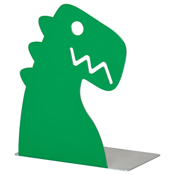 Aquesta imatge mostra un suport de dinosaure d'alumini verd, dissenyat per mantenir els llibres en posició vertical.