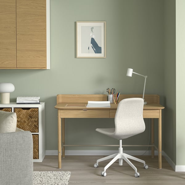 Configuració minimalista d'oficina a casa amb escriptori RIDSPÖ, fusta clara i cadira blanca, paret verda, petita impressió artística, scrivani ben organitzat.