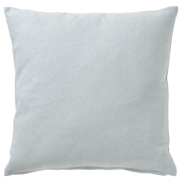 Funda de coixí SANDTRAV quadrada, blau clar i blanc, confeccionada en cotó 100% amb disseny texturitzat i detall de cremallera.