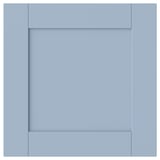 Porta de l'armari blau, disseny quadrat senzill. Fabricat en tauler de partícules i paper d'alumini.