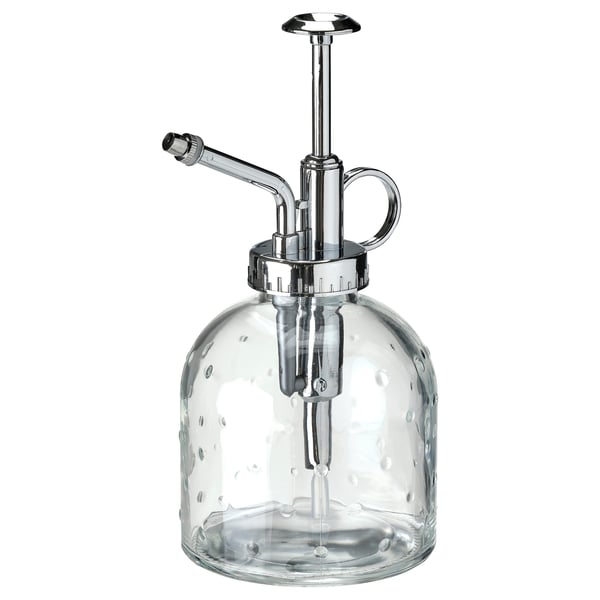 Mister de planta de vidre transparent SESAMFRÖN, forma rodona senzilla, bomba cromada, punts tàctils per a una adherència elegant.