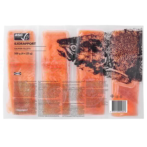Bossa de plàstic transparent de filets de salmó congelats de la marca IKEAS SJÖRAPPORT, que mostra l'envàs amb el nom del producte, la marca i la descripció.