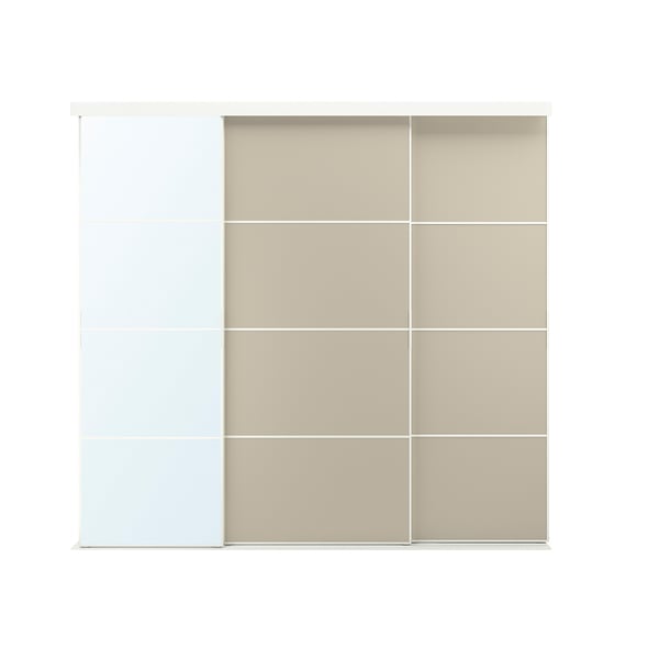 Una porta corredissa SKYTTA en color beix i blanc, amb un disseny minimalista amb una barreja de panells de vidre i taulers de fibra.