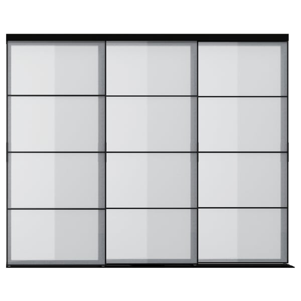 Porta corredissa SKYTTA, tres panells de vidre transparent emmarcats en alumini negre, rectangular.
