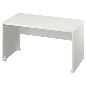 Aquesta imatge mostra un escriptori infantil rectangular blanc anomenat SMÅSTAD. Té un disseny senzill amb quatre peus ajustables per a l'estabilitat en terres irregulars.
