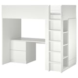Llit altell blanc per a nens amb escriptori, armari, prestatgeries. Disseny que estalvia espai, aspecte modern i elegant.
