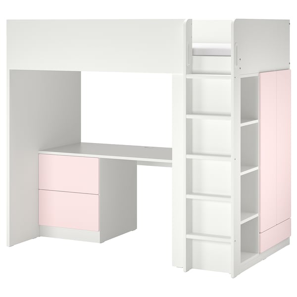 Representa un llit loft SMÅSTAD blanc amb detalls de color rosa, que inclou emmagatzematge, escriptori i prestatges.