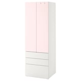 Un armari SMÅSTAD, blanc amb portes roses, disseny elegant i compartiments d'emmagatzematge, inclosos calaixos i prestatges.