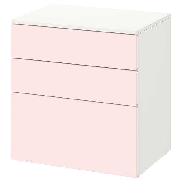 Ikea SMÅSTAD Còmoda de tres calaixos, rosa clar i blanc, quadrada.