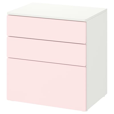 Ikea SMÅSTAD Còmoda de tres calaixos, rosa clar i blanc, quadrada.