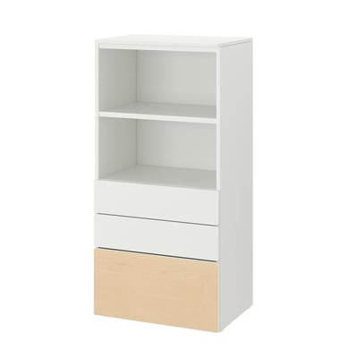 Llibreria SMÅSTAD blanca amb 2 calaixos i 1 prestatge obert, disseny minimalista, estalvi d'espai.