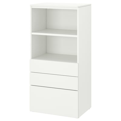 Llibreria SMÅSTAD blanca amb calaixos i prestatges.