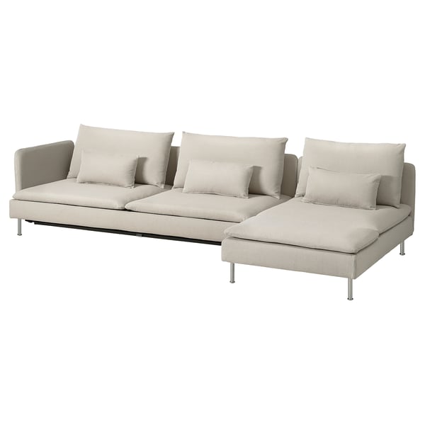 Un sofà-llit SÖDERHAMN de color blanc trencat amb un disseny minimalista modern, potes d'acer i coixins de peluix.