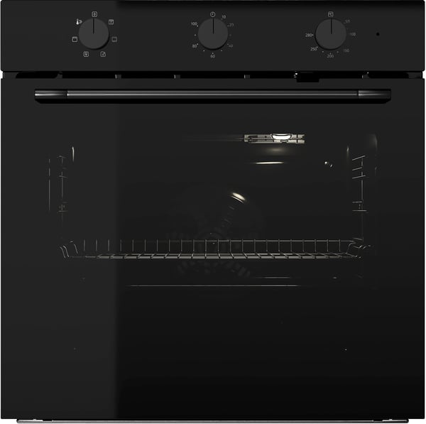 Forn negre amb porta de vidre fumat i poms d'acer.