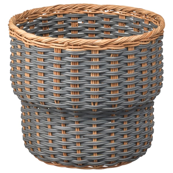 Cistella de canya, gris i beix, forma cilíndrica, disseny teixit.