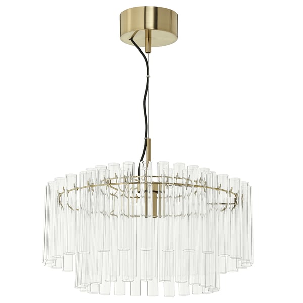 Candelabre ESTOCOLM 2025: daurat i vidre transparent. Disseny modern i cilíndric amb tubs penjants.