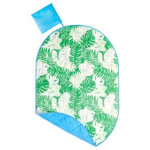 Manta de pícnic STRANDÖN: fulla verda, adorn blau i bossa, material arrodonit de polièster reciclat.